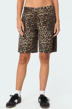 Leopard Low Rise Denim Bermuda Shorts