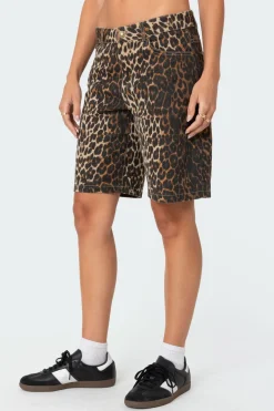 Leopard Low Rise Denim Bermuda Shorts