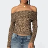 Leopard Printed Fold Over Knit Top