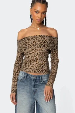 Leopard Printed Fold Over Knit Top