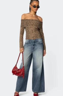 Leopard Printed Fold Over Knit Top