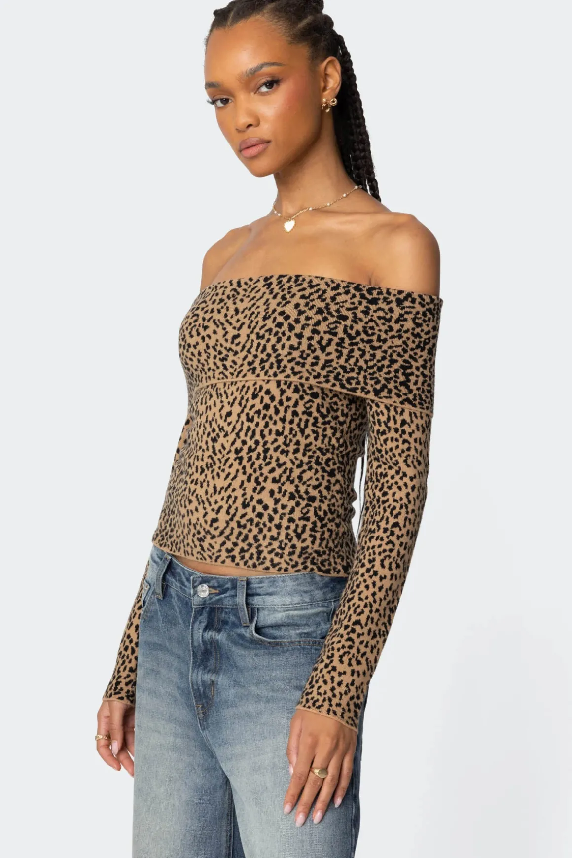 Leopard Printed Fold Over Knit Top