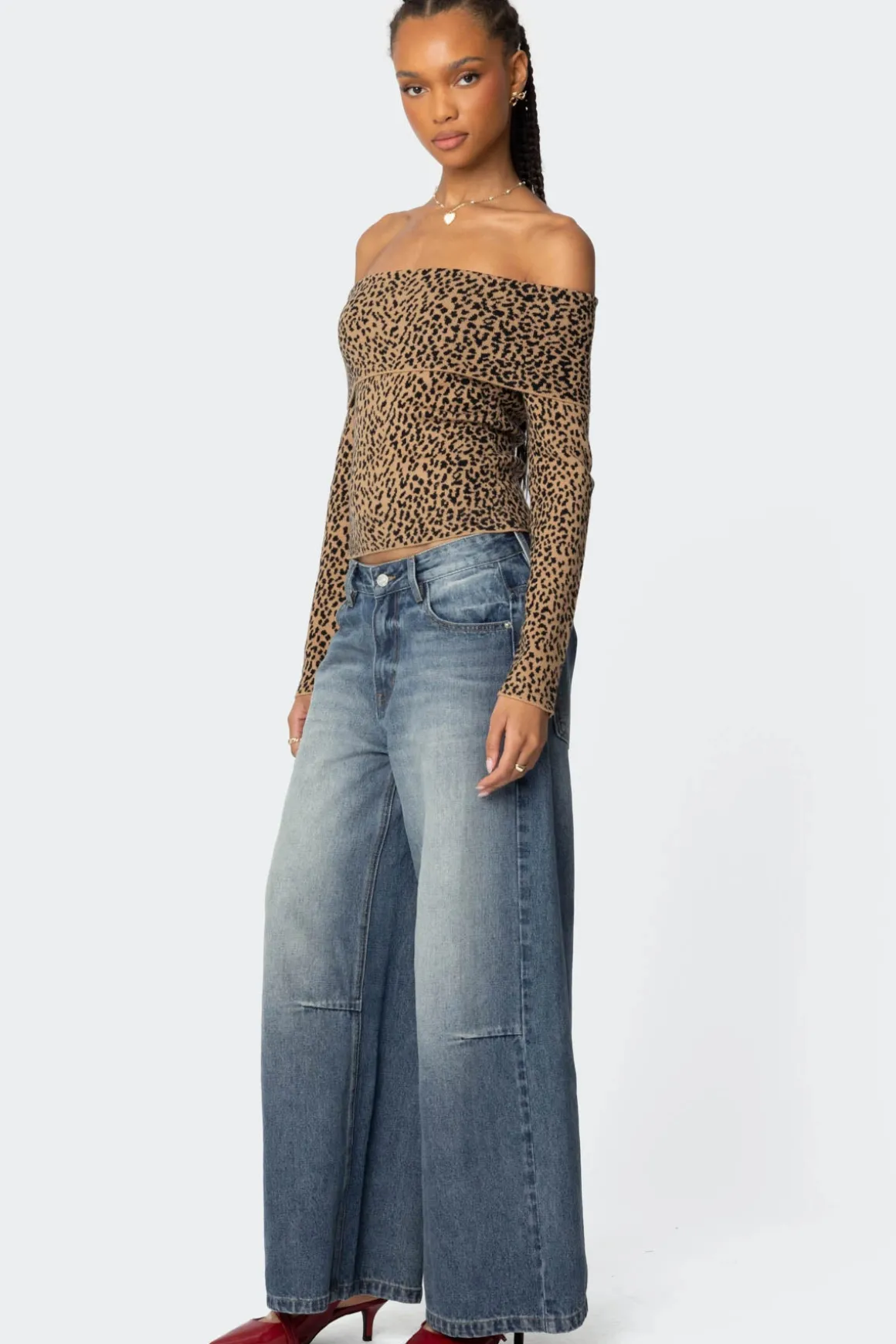 Leopard Printed Fold Over Knit Top
