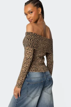 Leopard Printed Fold Over Knit Top