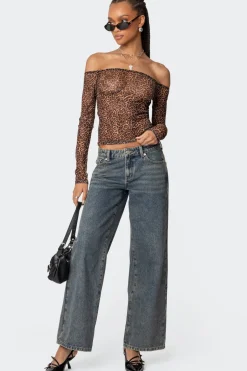 Leopard Sheer Mesh Off Shoulder Top