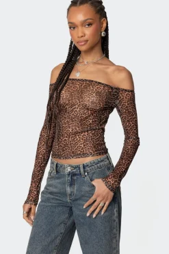 Leopard Sheer Mesh Off Shoulder Top