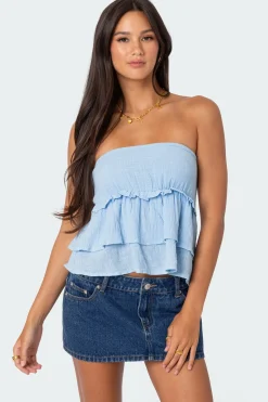 Linen Look Strapless Peplum Top
