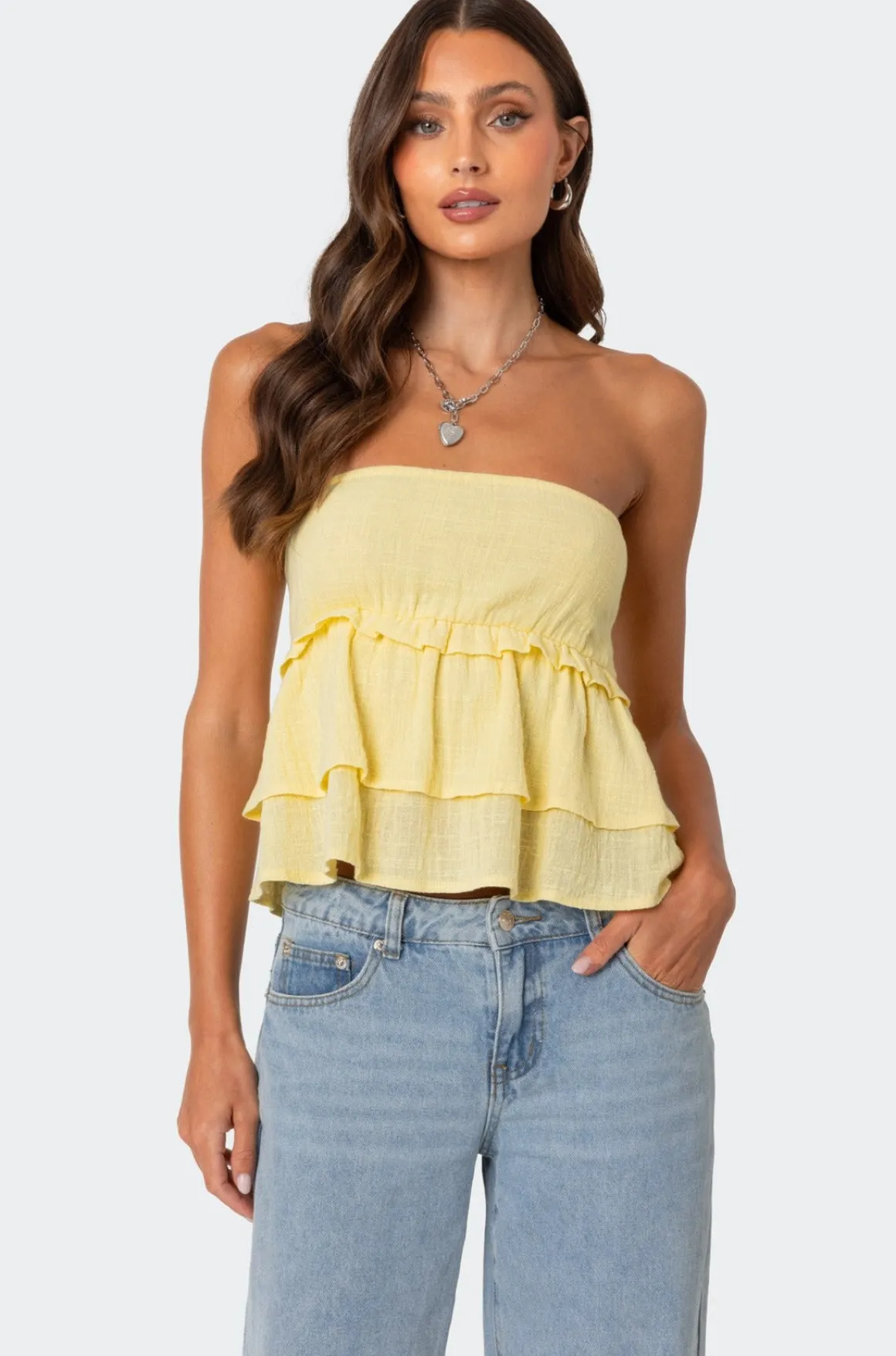 Linen Look Strapless Peplum Top