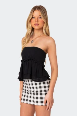 Linen Look Strapless Peplum Top