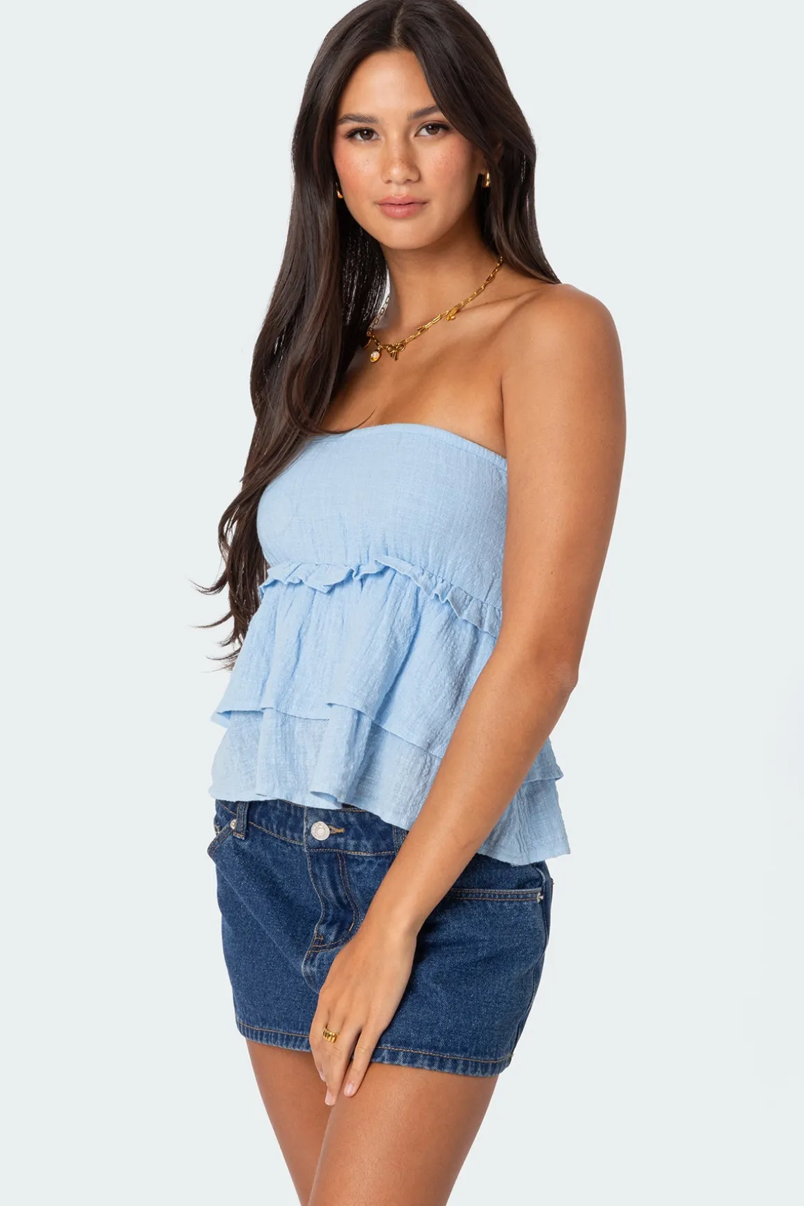 Linen Look Strapless Peplum Top