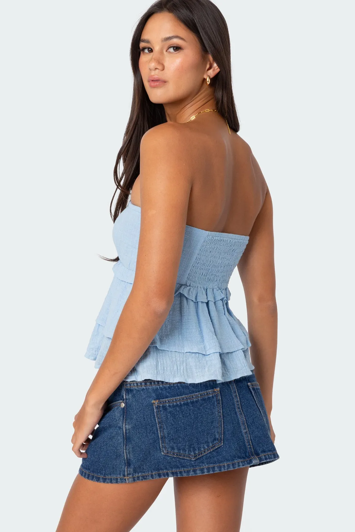 Linen Look Strapless Peplum Top