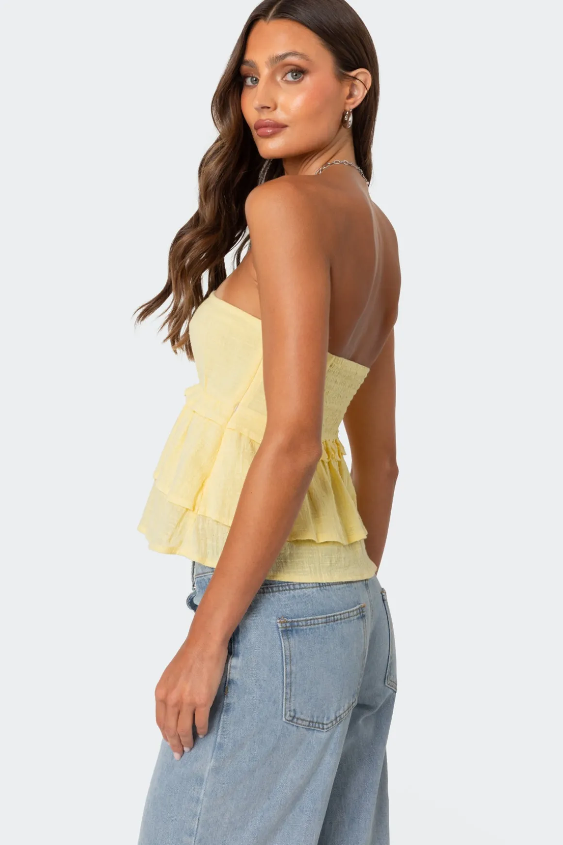 Linen Look Strapless Peplum Top