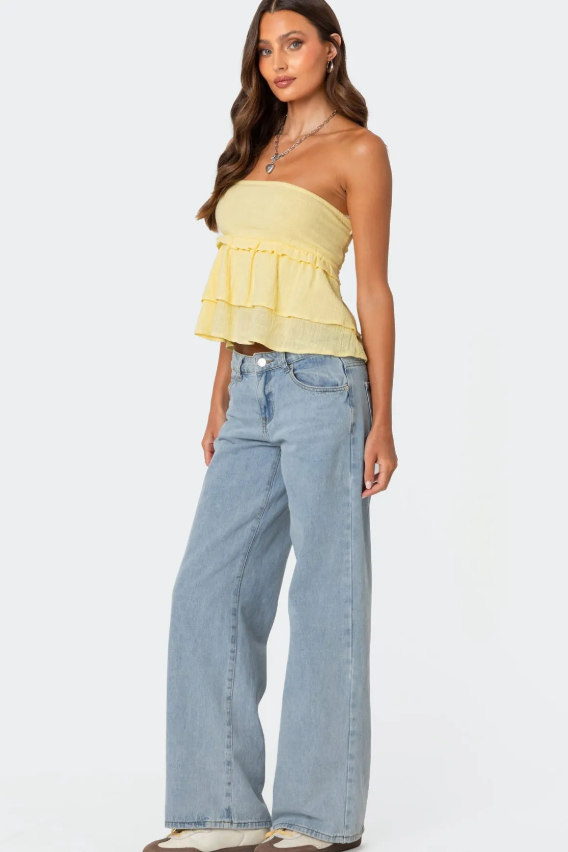 Linen Look Strapless Peplum Top