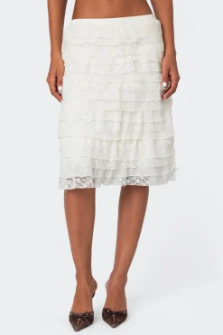 Louise Lace And Mesh Ruffle Midi Skirt
