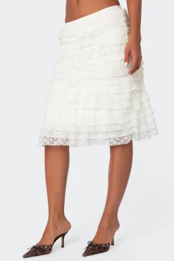 Louise Lace And Mesh Ruffle Midi Skirt