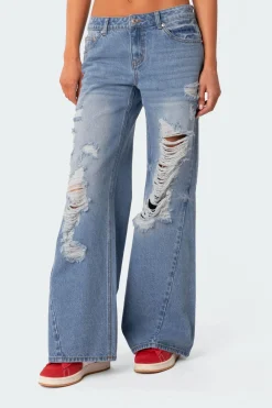 Low Rise Distressed Wide Leg Jeans