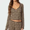 Lue Leopard Printed Ribbed V Neck Top