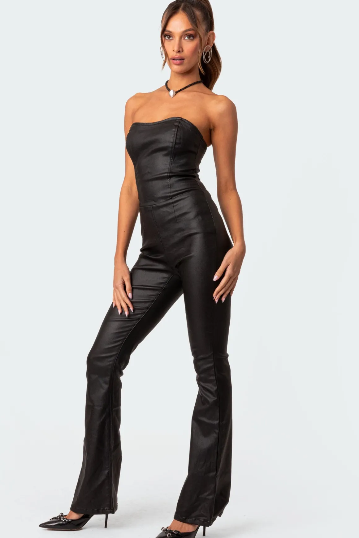 Luna Faux Leather Flared Jumpsuit