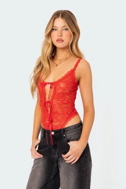 Maribelle Tie Front Sheer Lace Bodysuit