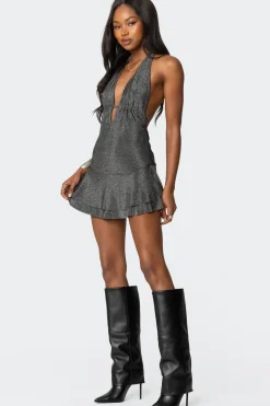Metallic Backless Halter Mini Dress