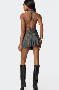 Metallic Backless Halter Mini Dress