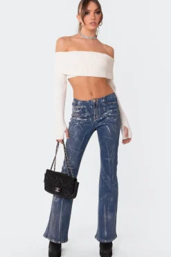Metallic Coated Low Rise Flared Jeans