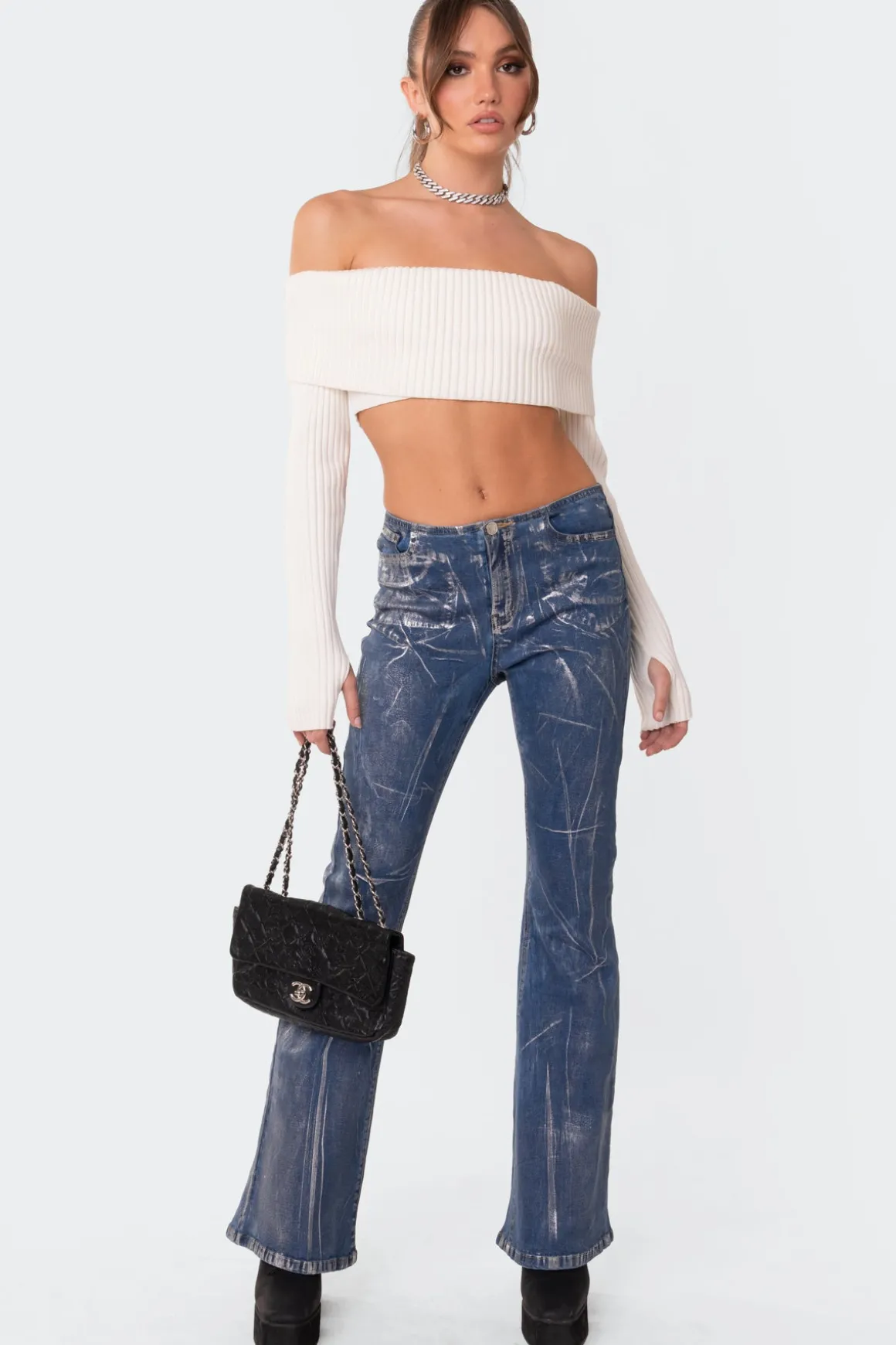 Metallic Coated Low Rise Flared Jeans