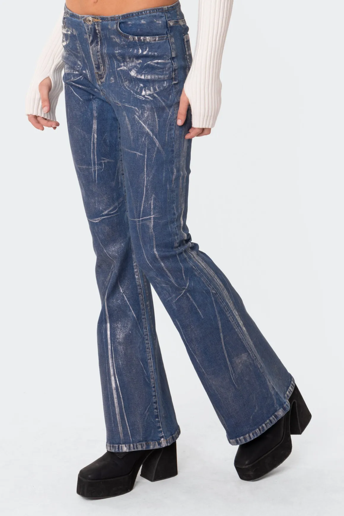 Metallic Coated Low Rise Flared Jeans
