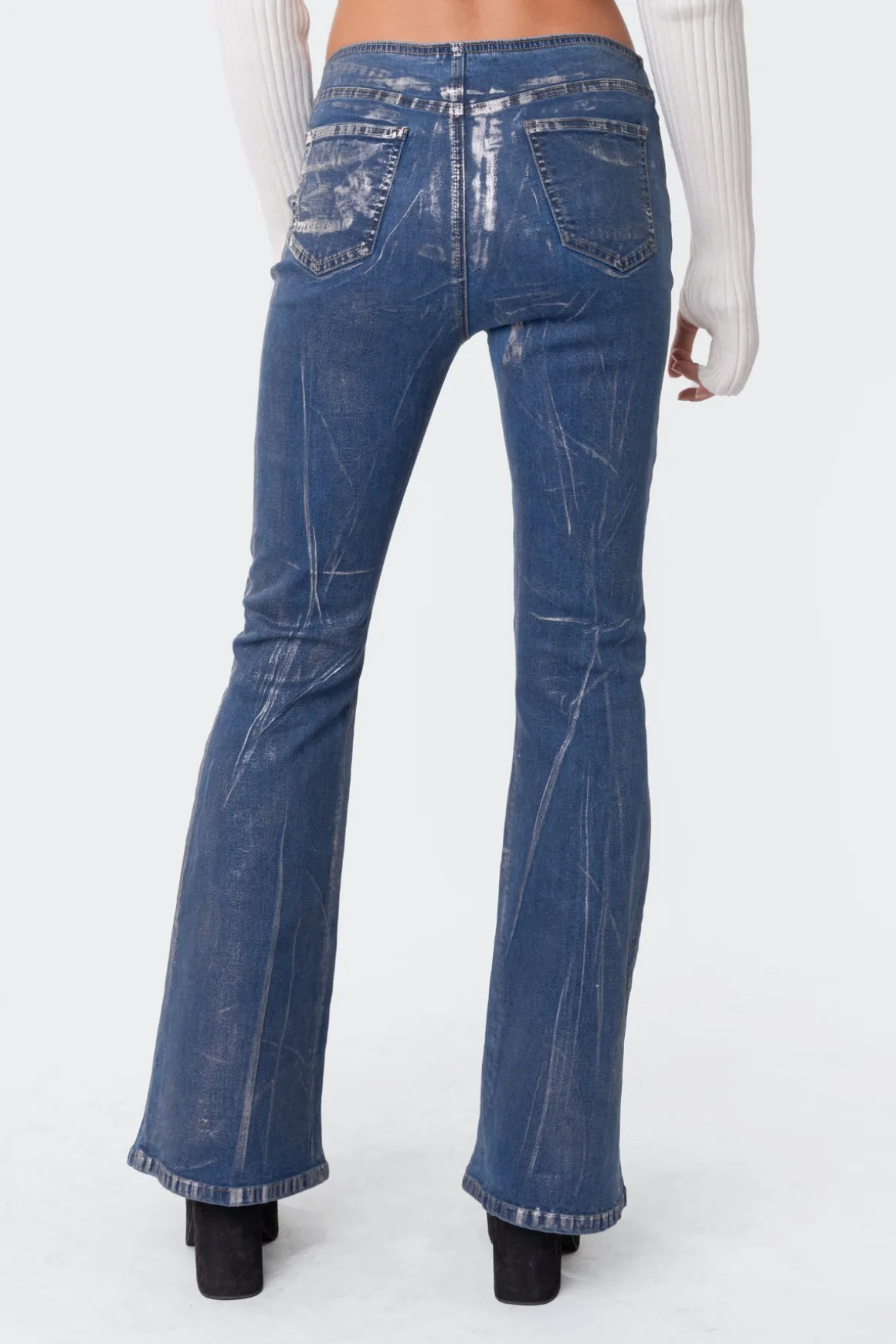Metallic Coated Low Rise Flared Jeans