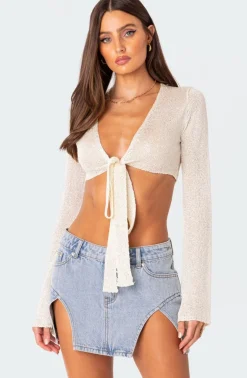Micro Sequin Tie Front Knit Crop Top