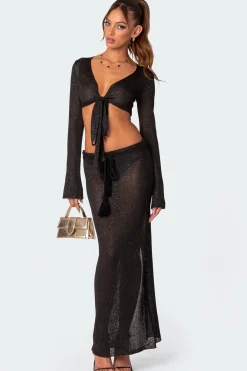 Micro Sequin Tie Front Knit Crop Top