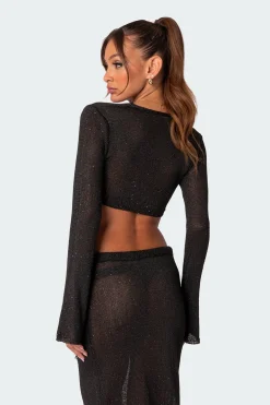 Micro Sequin Tie Front Knit Crop Top