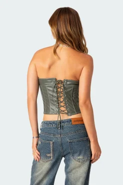 Moss Faux Leather Lace Up Corset