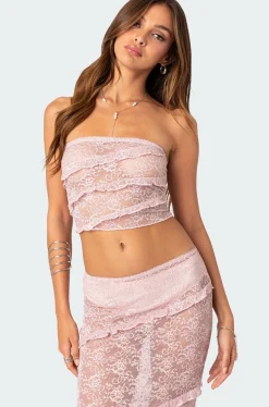 Myra Sheer Lace Ruffle Tube Top