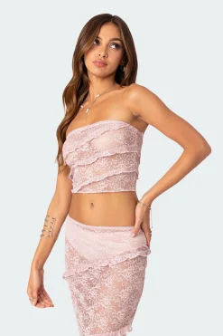 Myra Sheer Lace Ruffle Tube Top
