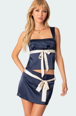 Natalia Ribbon Tie Satin Open Back Top