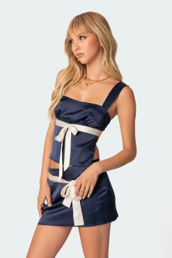 Natalia Ribbon Tie Satin Open Back Top