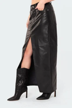 Neli Faux Leather Slitted Maxi Skirt