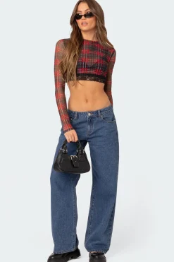 Noel Plaid Printed Mesh Crop Top