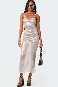 Nyla Sheer Glittery Back Slit Maxi Dress