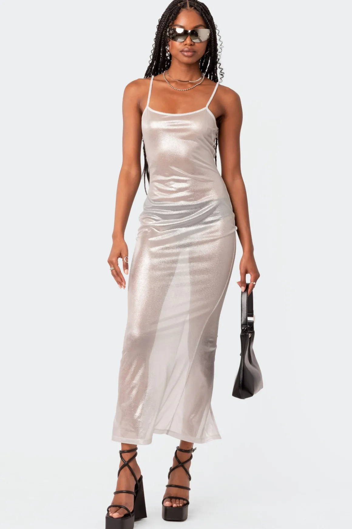 Nyla Sheer Glittery Back Slit Maxi Dress