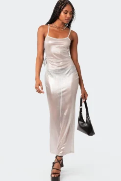 Nyla Sheer Glittery Back Slit Maxi Dress