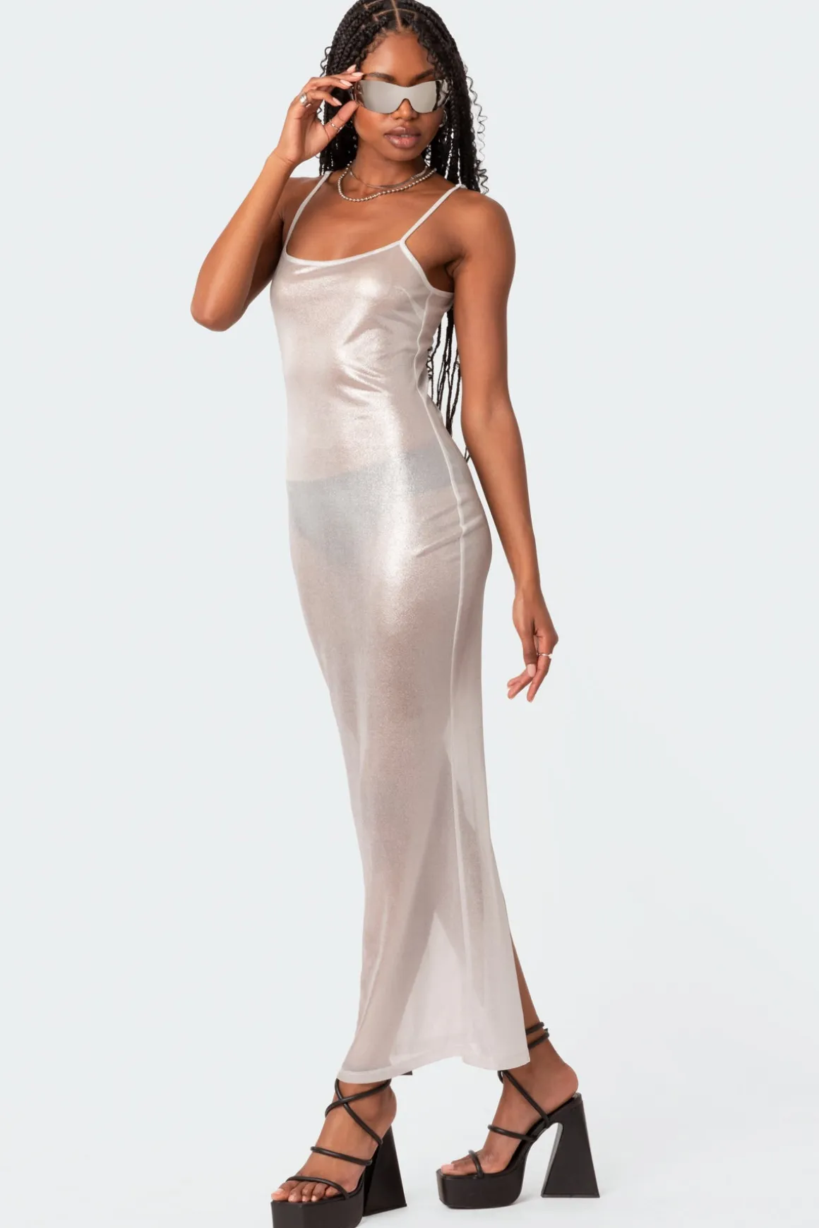 Nyla Sheer Glittery Back Slit Maxi Dress