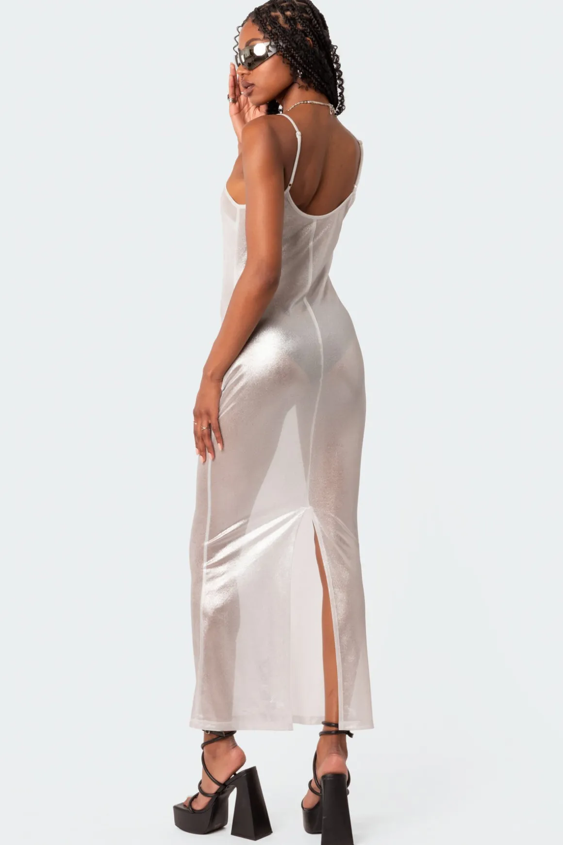 Nyla Sheer Glittery Back Slit Maxi Dress