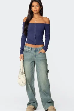 Off Shoulder Button Up Top
