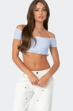 Off Shoulder Eyelet Crop Top