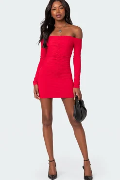 Off Shoulder Gathered Mini Dress