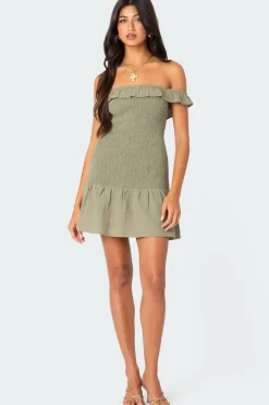 Off Shoulder Scrunched Linen Look Mini Dress
