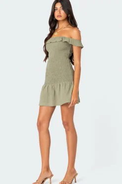 Off Shoulder Scrunched Linen Look Mini Dress