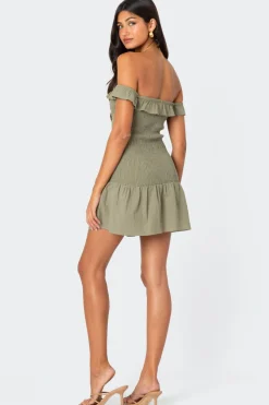 Off Shoulder Scrunched Linen Look Mini Dress